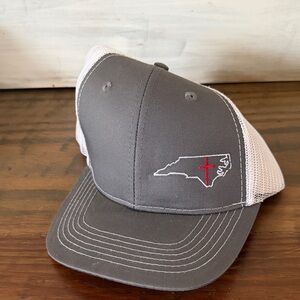 Gray and White Trucker Hat with Red Cross Embroidery